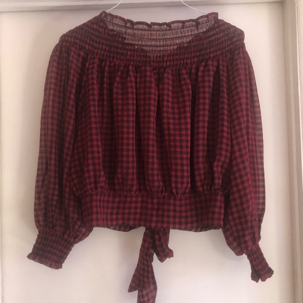 ❤️VICI Long Sleeve Off the Shoulder Checkered Red Black Puffy Waist Tie Top S